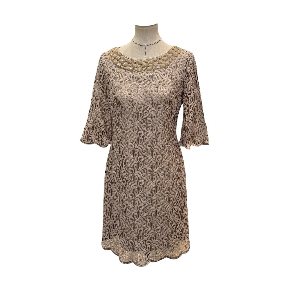 Adrianna Papell Sheath Dress Women 8 Beige Crochet Lace Overlay Beaded Neckline
